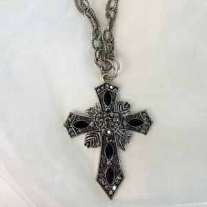 Large Women’s  Biker Gothic Pendant Black Embellished  Cross with Double chain!